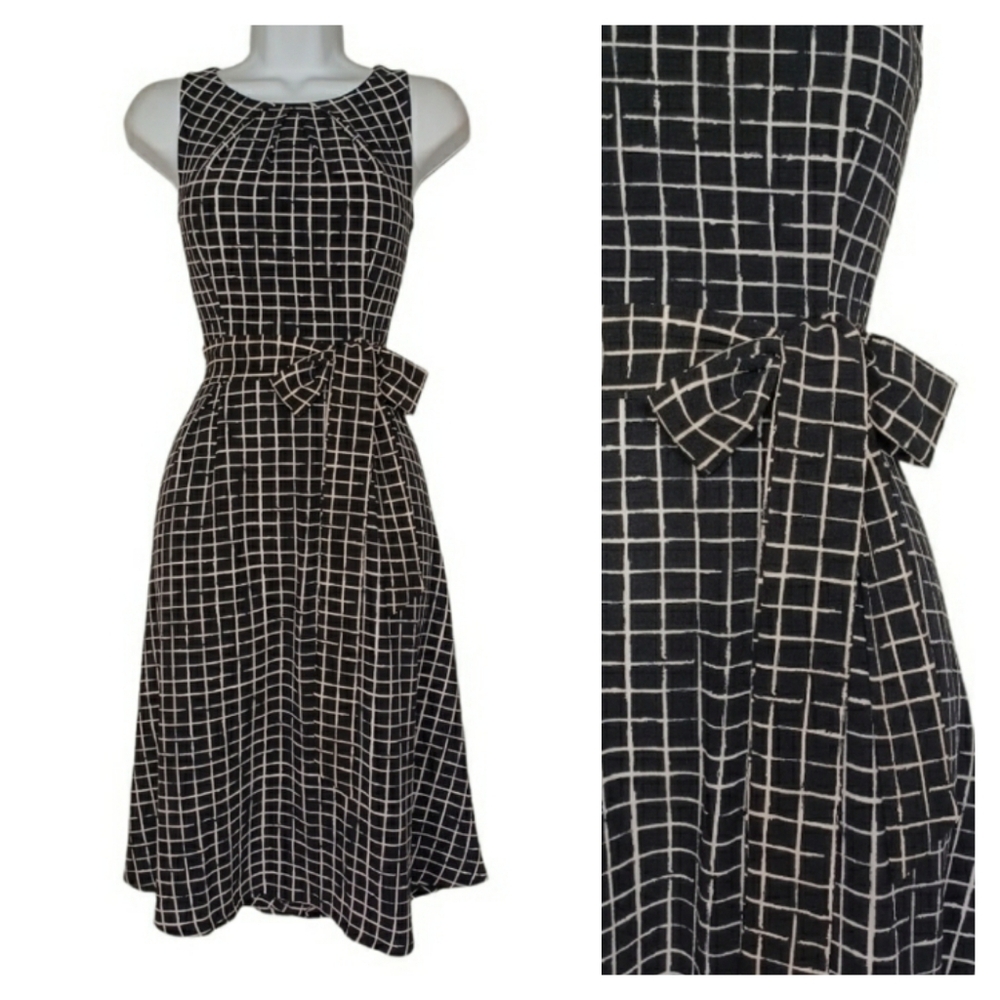 ELLE Black White Windowpane Plaid Print Sleeveless A-Line Midi Dress 2 XS